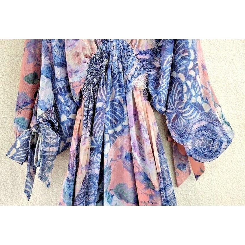 MISA Los Angeles Floral Tiered Midi Dress XS Bohemian Cold Shoulder Purple