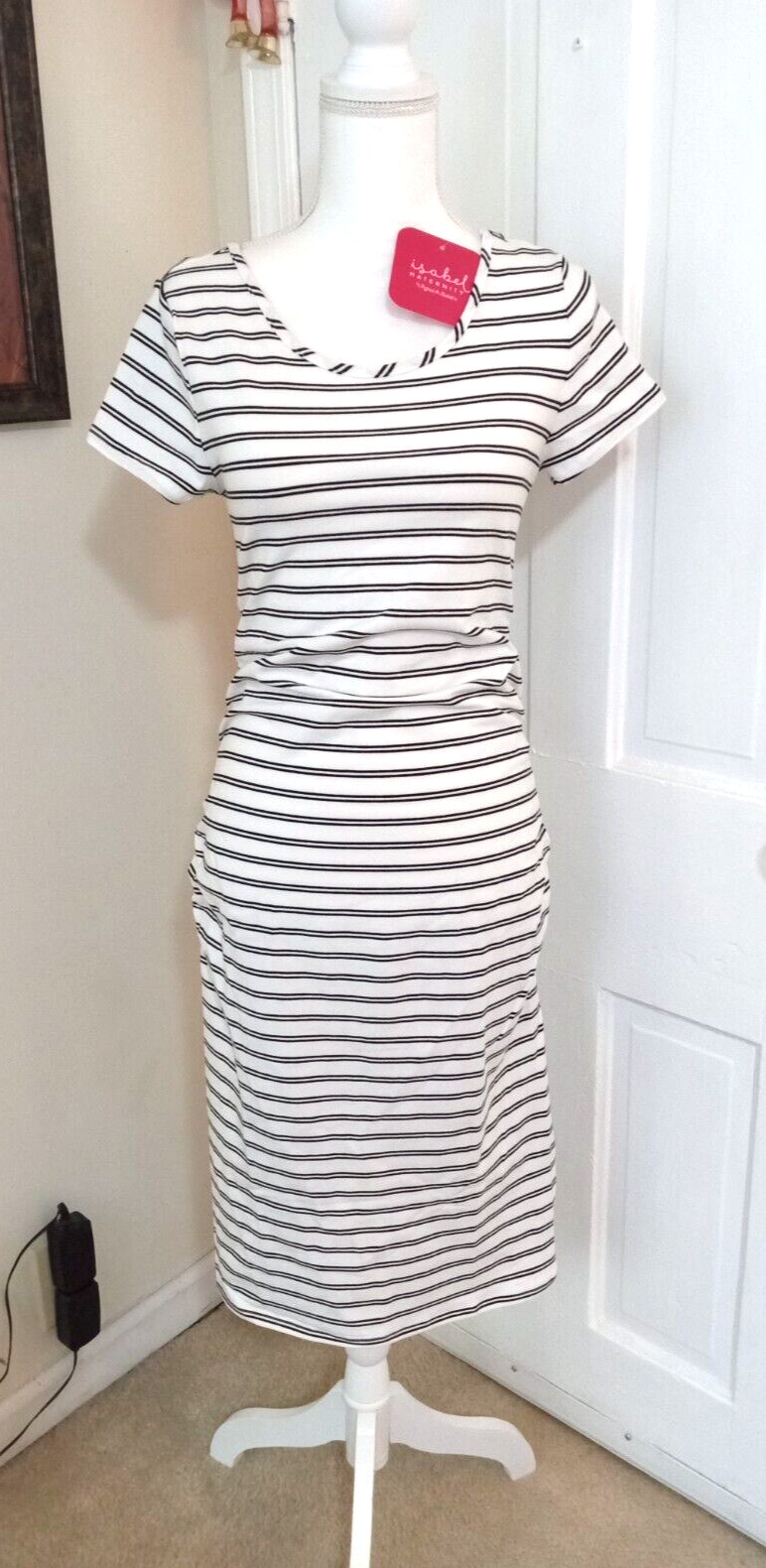 Isabel Maternity Dress by Ingrid & Isabel “White with Black Stripes” (Sz -L) NEW