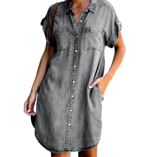 Womens Casual Short Sleeve Dress Button Down Pockets Jean Denim Mini Shirtdress
