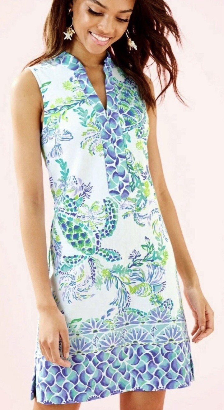 LILLY PULITZER Larsen Island Ride Sea Turtle French Terry Shift Dress Sz Small