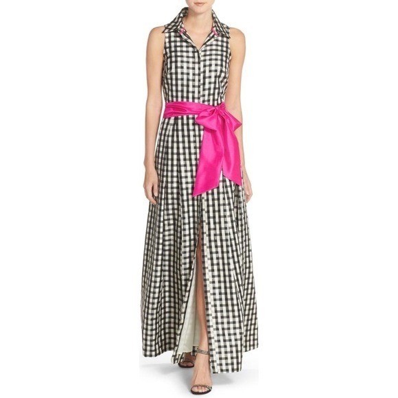 Eliza J Gingham Maxi Dress Black White Check Pink Sash Sleeveless Formal 10