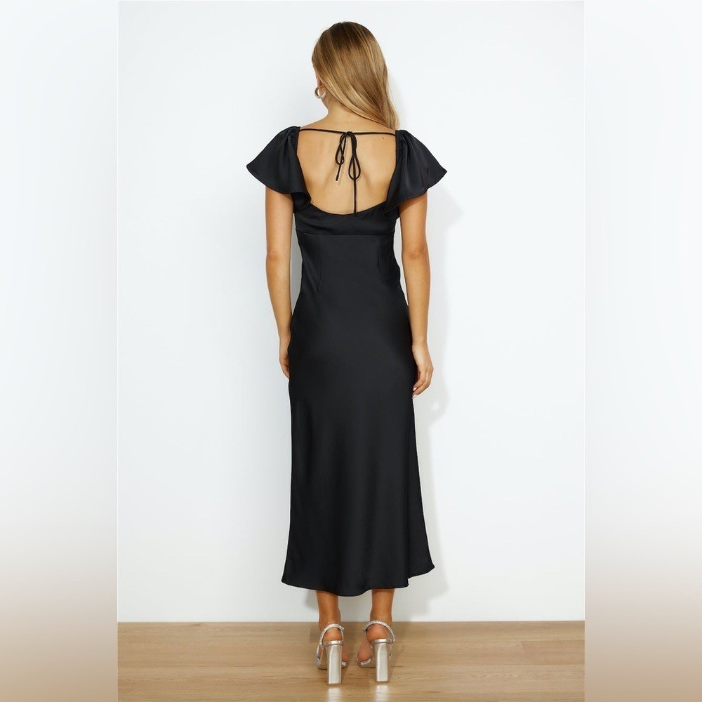 Billy J Black Satin Flutter Sleeve Maxi Dress Sweetheart Cutout Back Tie