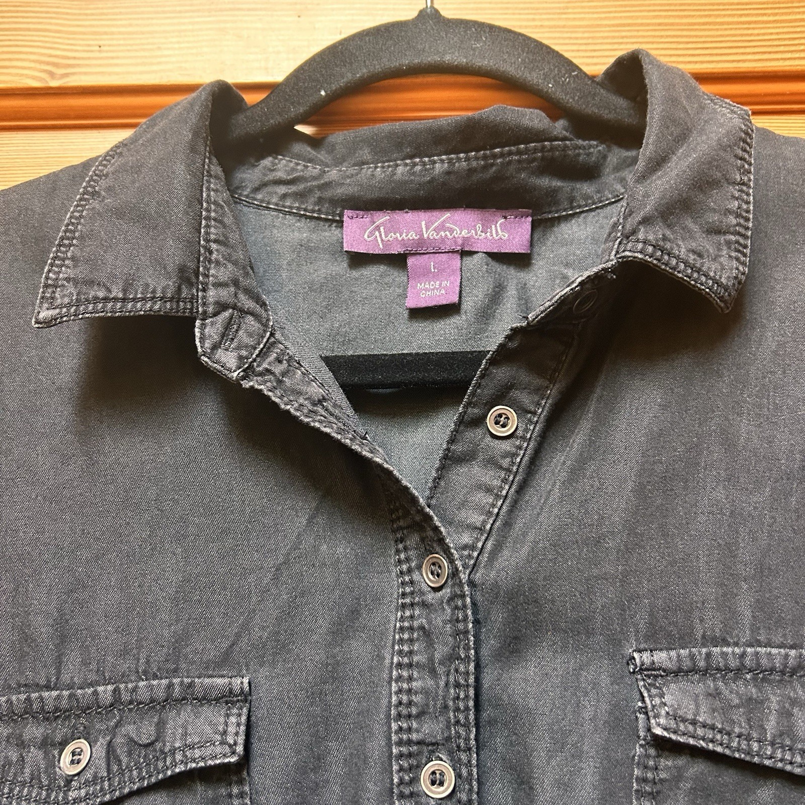 Gloria Vanderbilt Ashleigh Black Chambray Short Shirt Dress Drawstring Tie Large