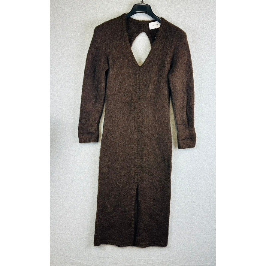 H&M Premium Womans Medium Dress Open-Back Mohair-Blend Dark Brown V-Neck