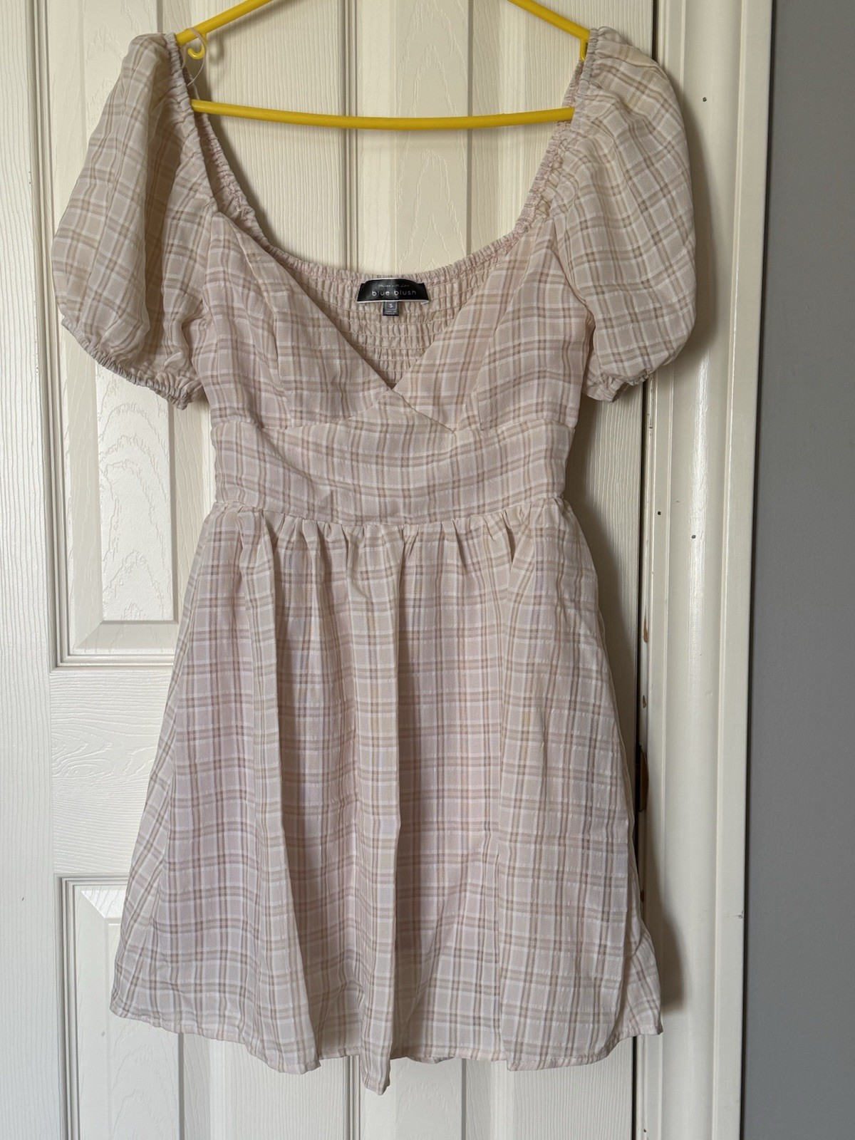 Blue Blush Beige White Plaid Puff Sleeve Smocked Short Sundress Sweetheart S