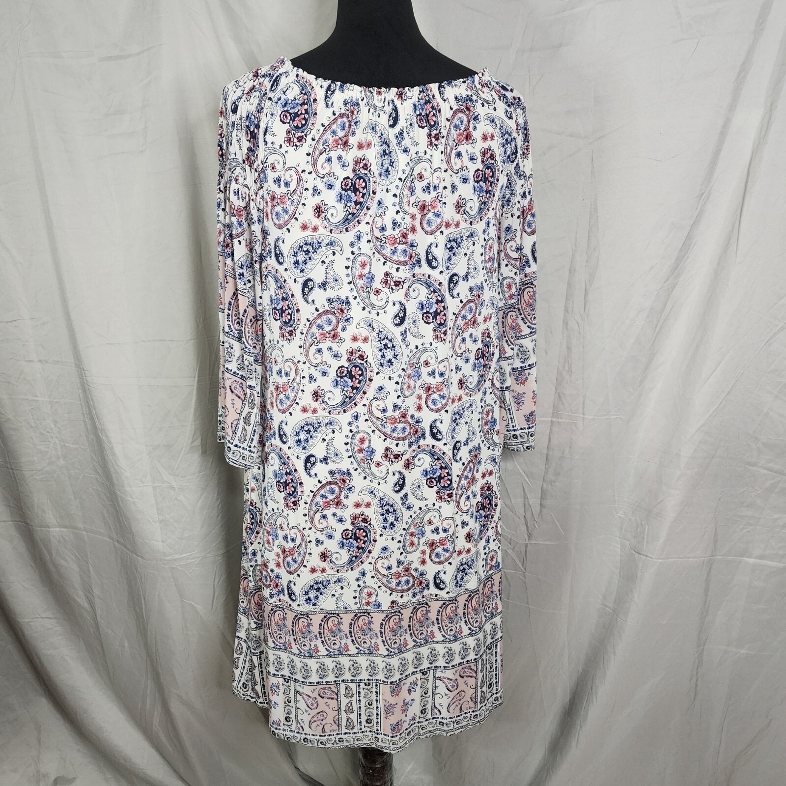 CATO Size Medium Pink Blue Paisley Smocked Off Shoulder Lined Shift Dress Pocket