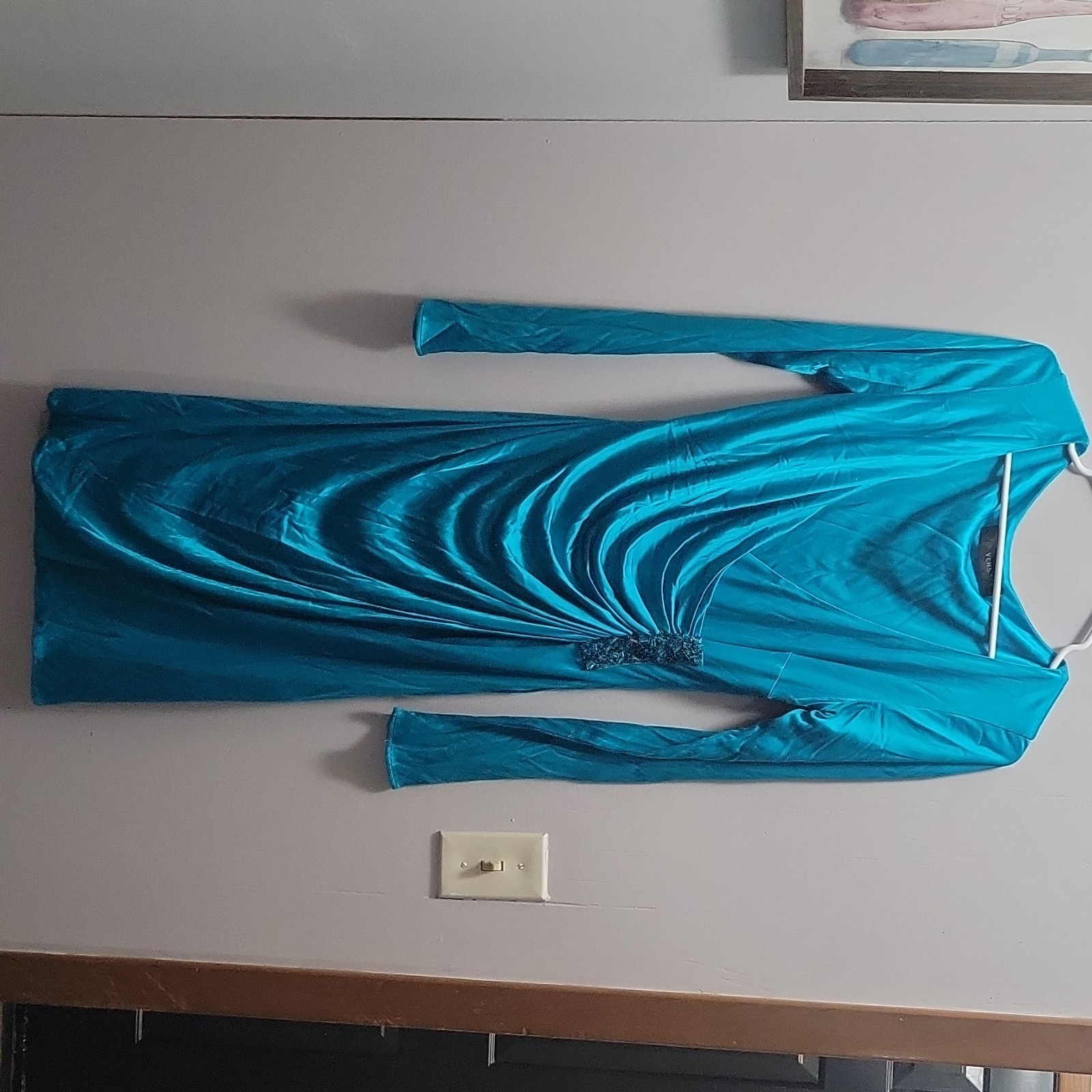 Versace Blue Silk Satin Draped Ruched Beaded Cowl Neck Dress Long small