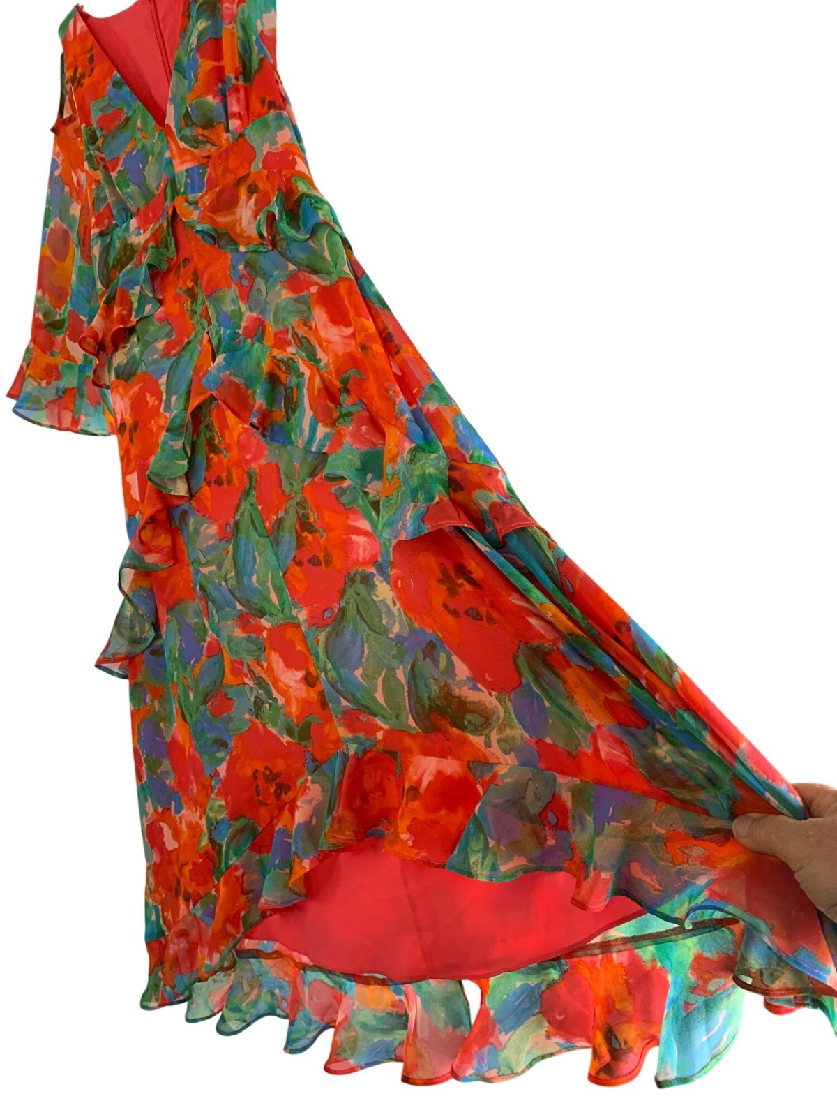Tahari 2P Cold Shoulder Chiffon Floral Dress Ruffle High Low RDD10669 NWT