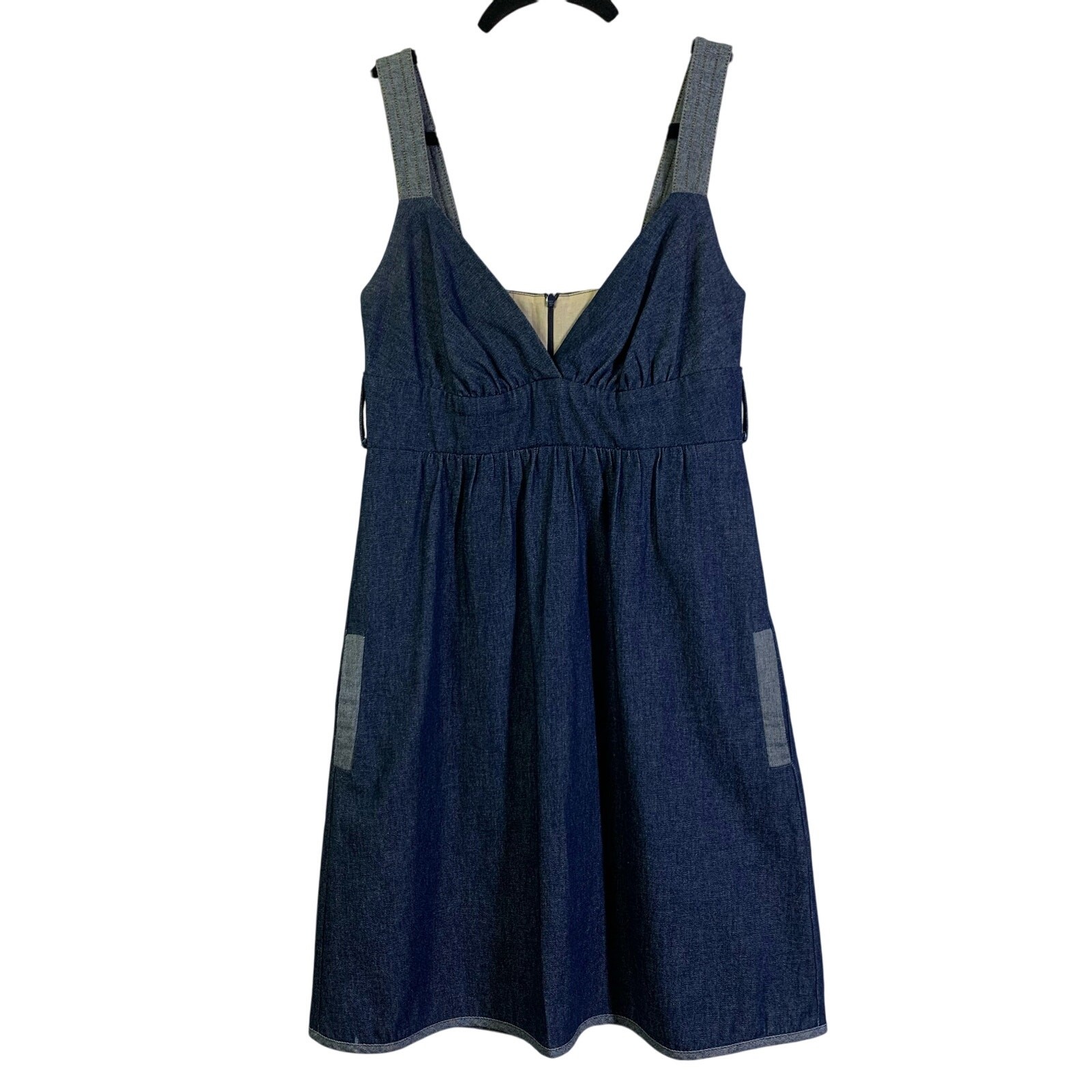 VOOM JOY HAN Dress Small Chambray Empire Waist Front Pockets Vintage 90’s Y2K