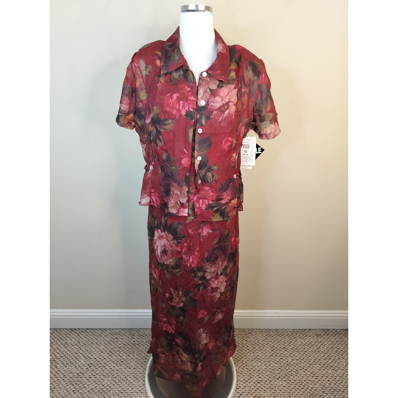 K Studio Floral Maxi Dress + Top Set 16 Womens Short Sleeve Button Up