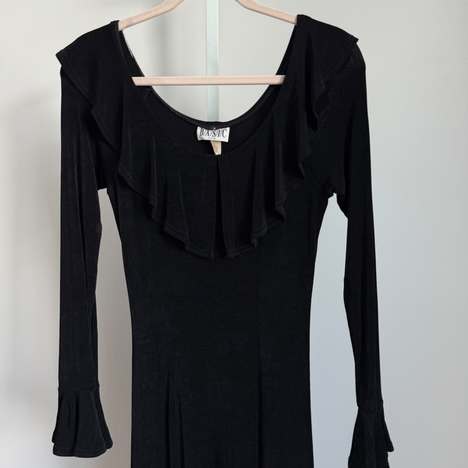 VTG BASIC USA sz M Black Long Sleeve Ruffle Neck Maxi Dress Witchy Whimsygoth