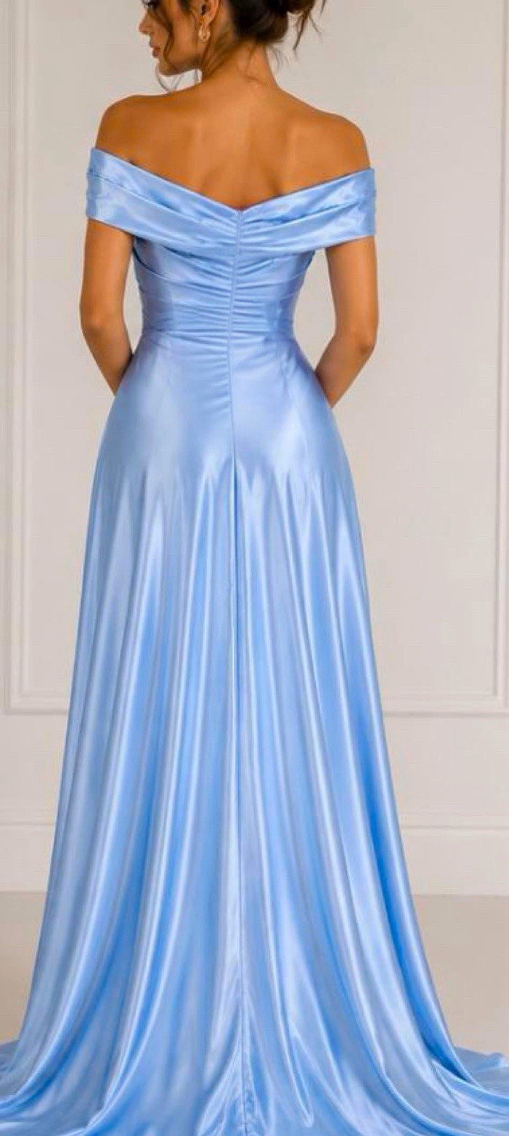 Blue Polyester Spandex Off-Shoulder Ruched Long Gown Dress Women’s Solid L