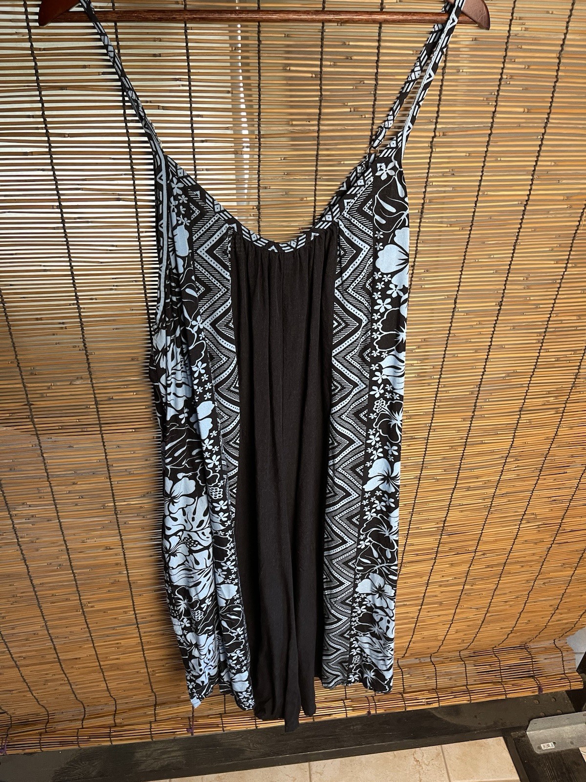 Hula Bay Tropical Floral Panel Dress Large L-13 Black Blue Hibiscus Tribal Rayon