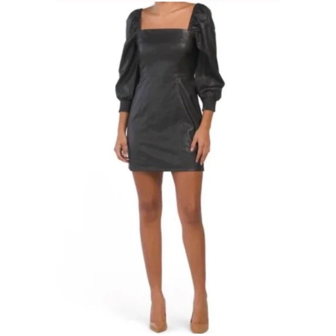 7 For All Mankind Faux Leather Square Neck Smocked Zipper Dress Black Medium NWT