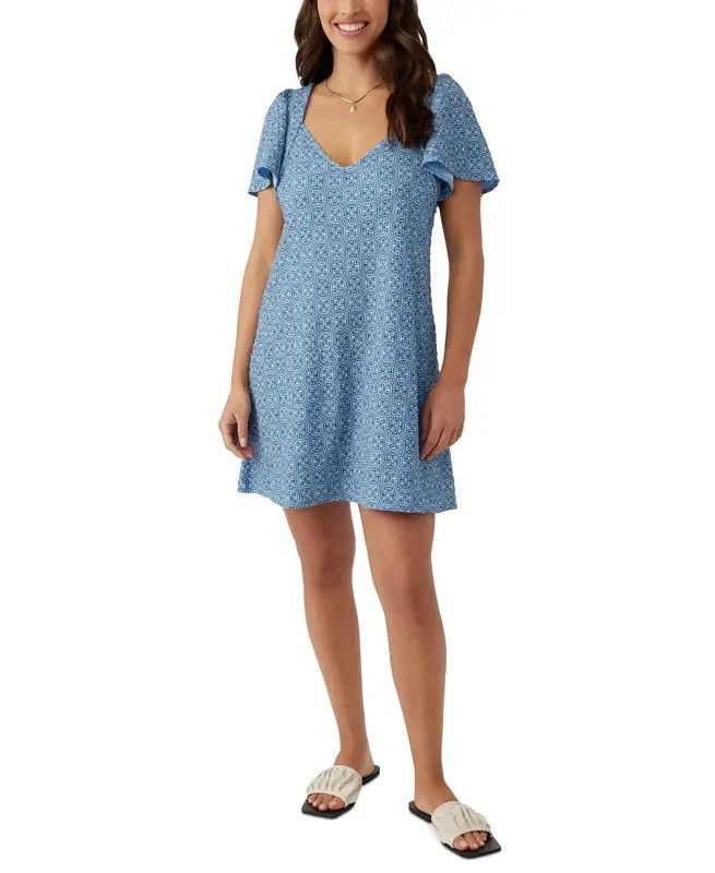 O’Neill Bernice Mini Dress Juniors’ M Blue V-Neck Short Flutter Sleeve Pullover