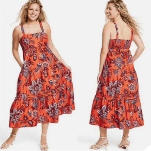 RHODE Vibrant Orange Floral Midi Dress, Size S, NWT