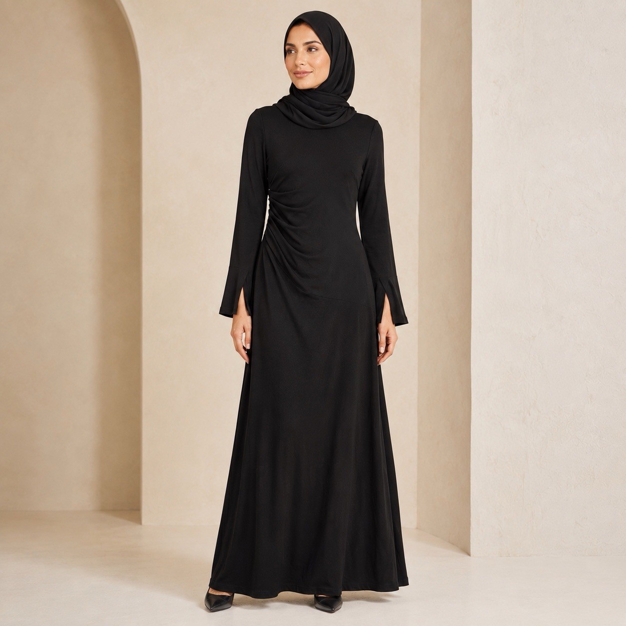 Veiled Collection Natalie Ruched Jersey Maxi Dress Small 62″ Black Modest NWT
