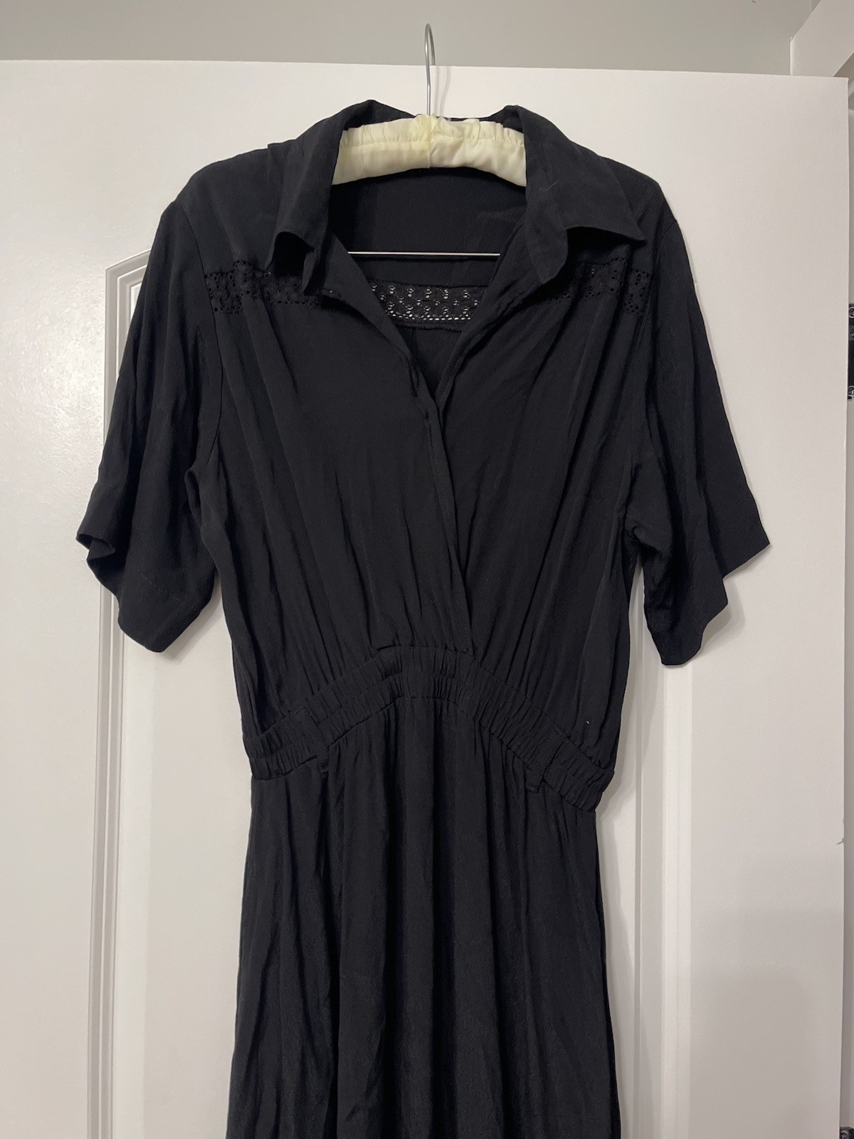 AURA Black Midi Dress Short Sleeve Collared Lace Accents Belted Career Casual M