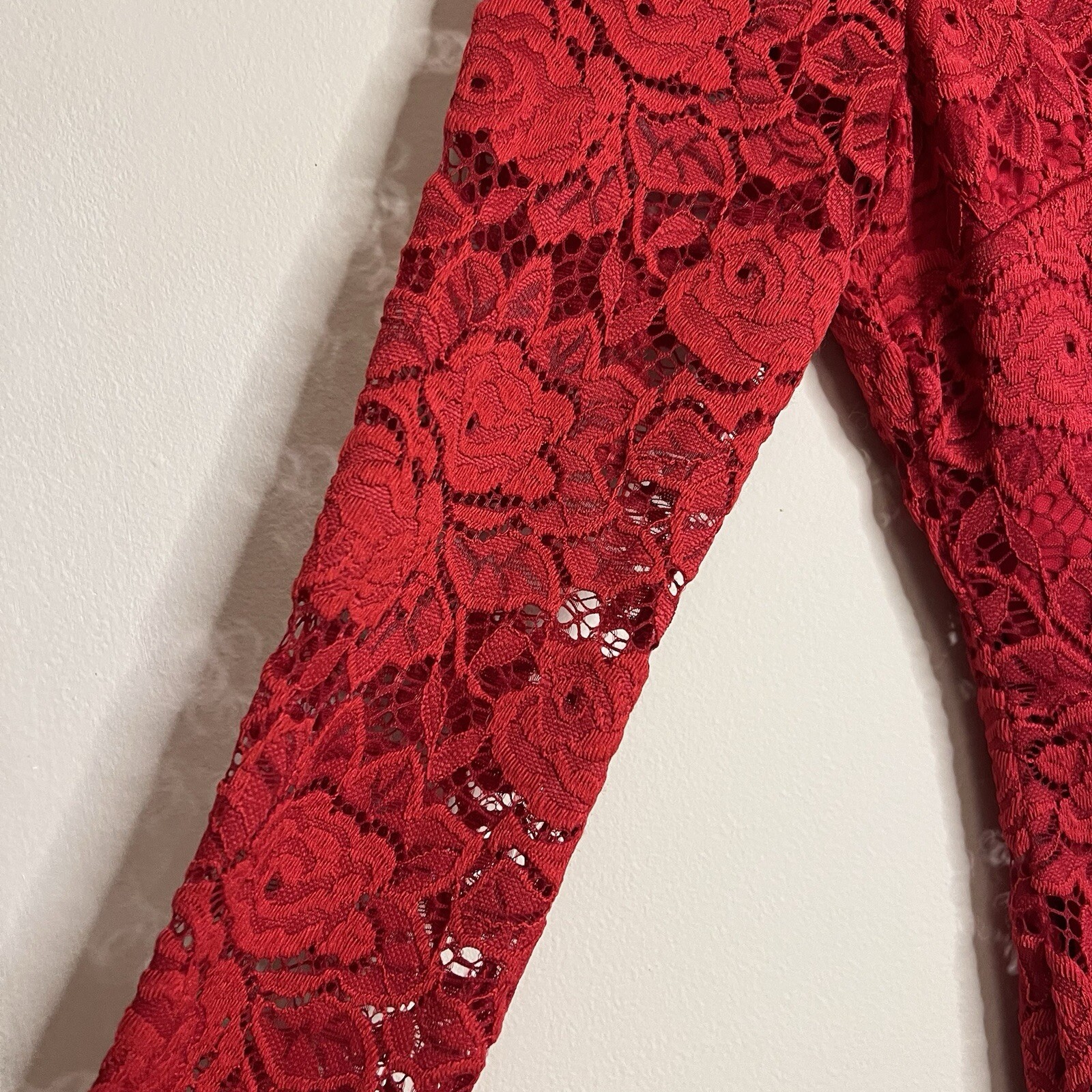 IZ Byer red lace dress see through long sleeves crew neck women’s small