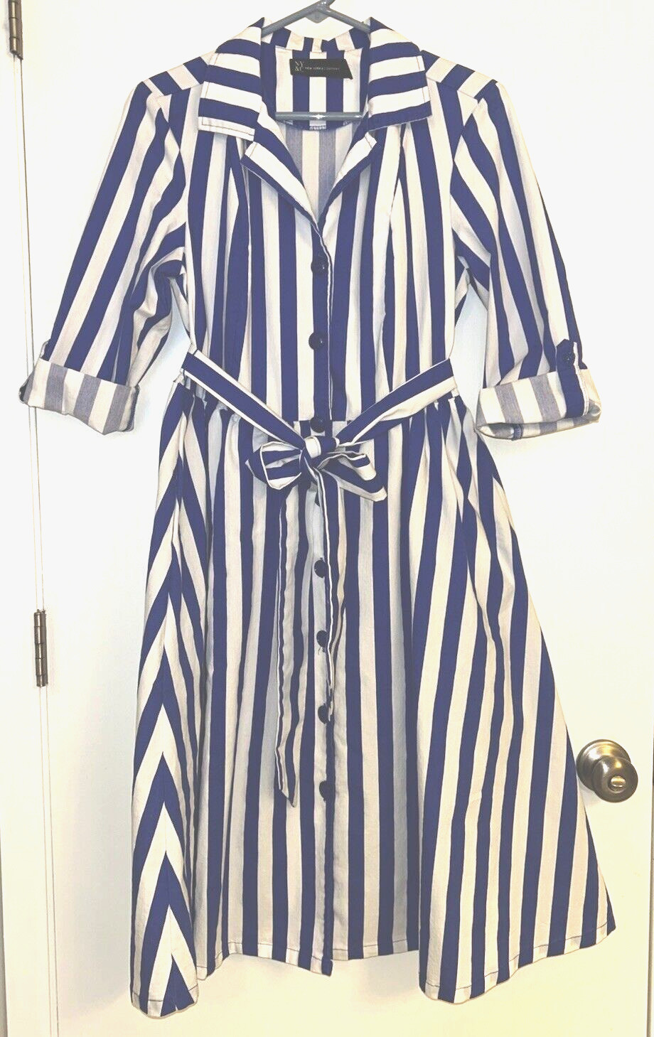 NY&C 40’s-Inspired Shirt Dress Women’s M Blue & White Vertical Stripes Tie Belt