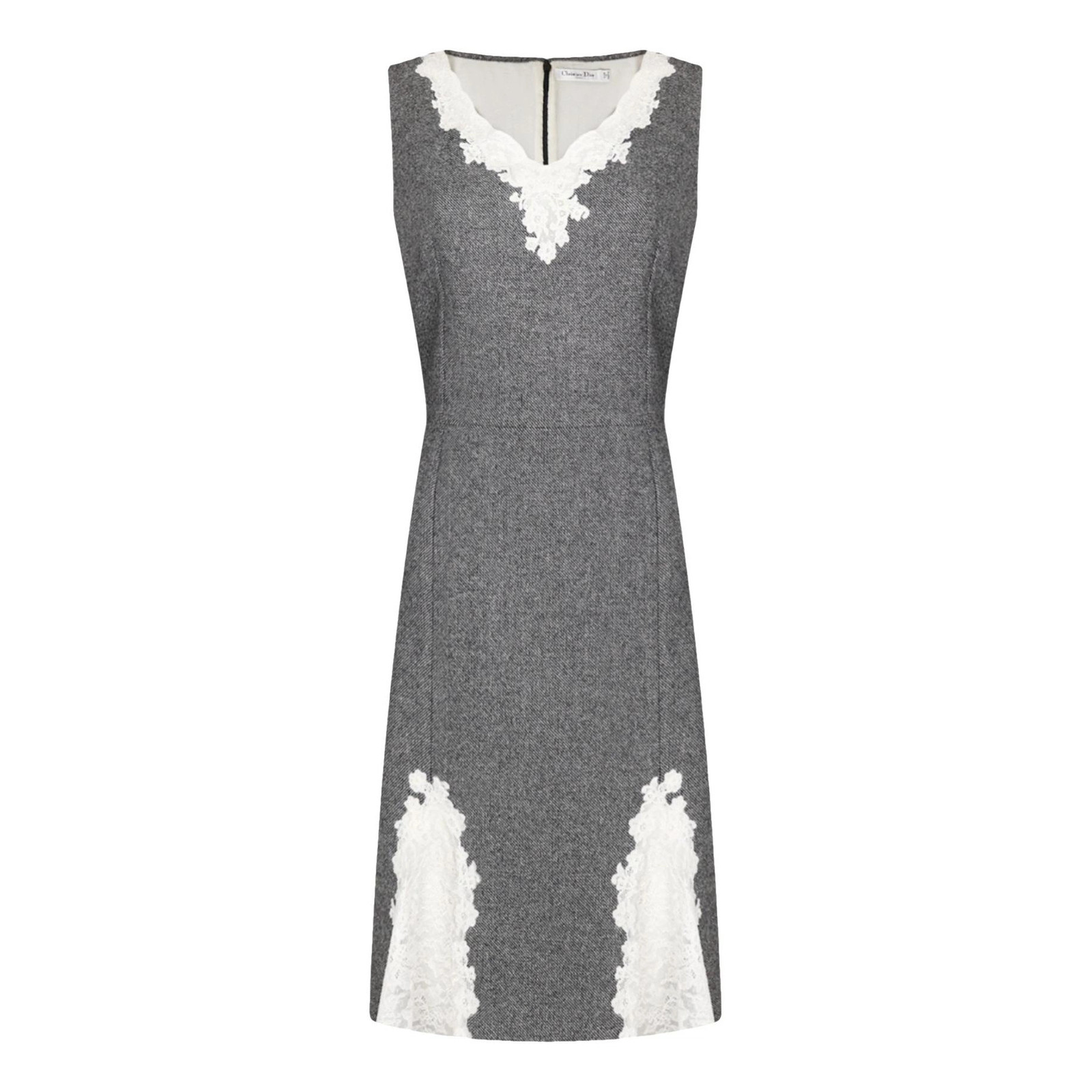 Christian Dior Galliano Grey Wool Lace Dress FR40 Silk Lined V Neck Vintage