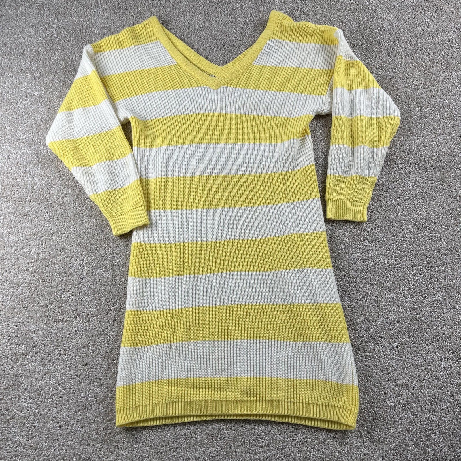 Vintage One Step Up Sweater Dress Womens Medium Yellow White Striped V Neck 3/4