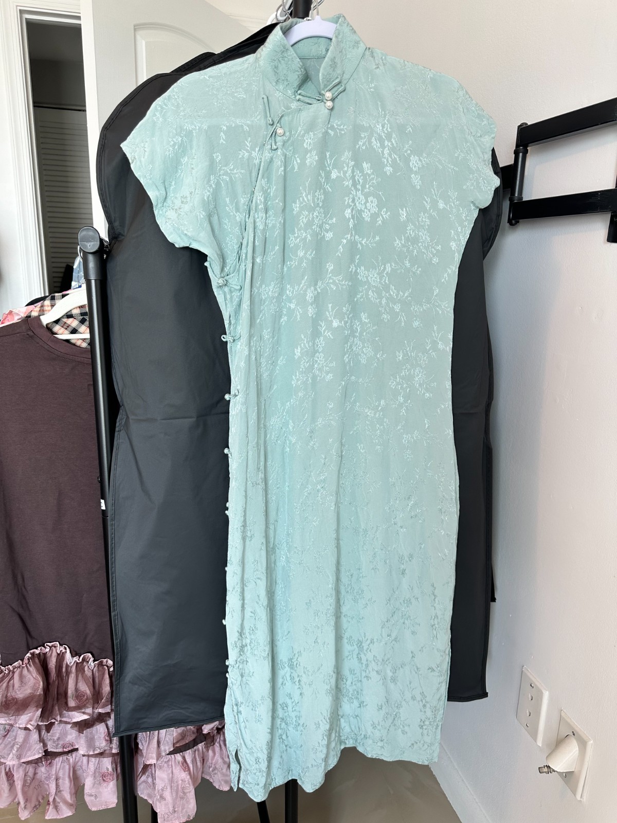Light Sage Green Jacquard Qipao Cheongsam Dress Size M Mandarin Collar