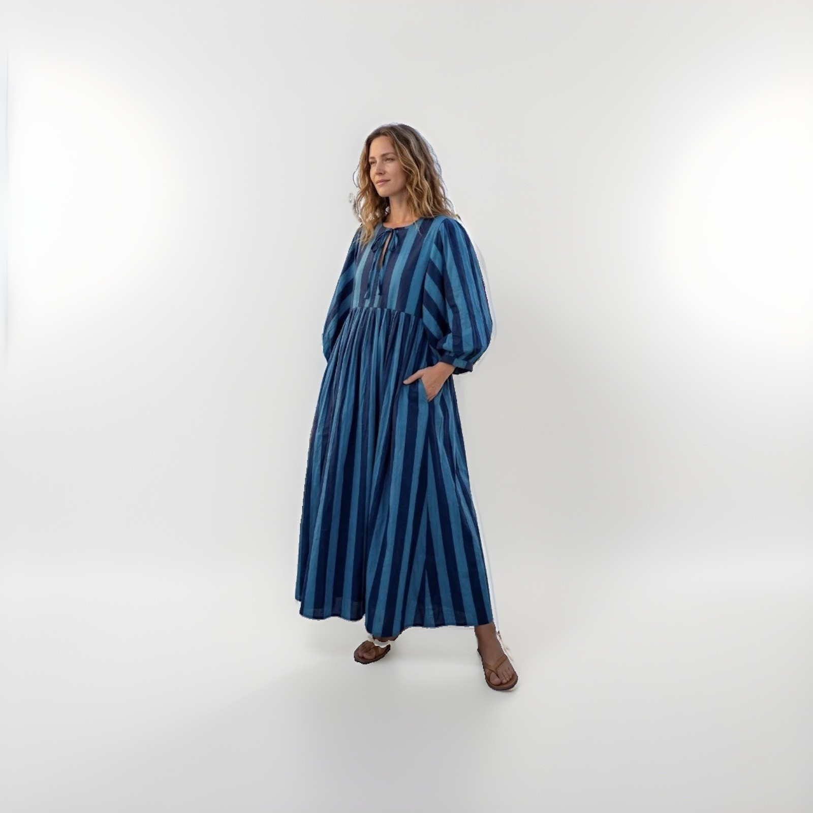 Handmade Blue Striped Cotton Maxi Dress, Boho Balloon Sleeve Dress Perfect Dress