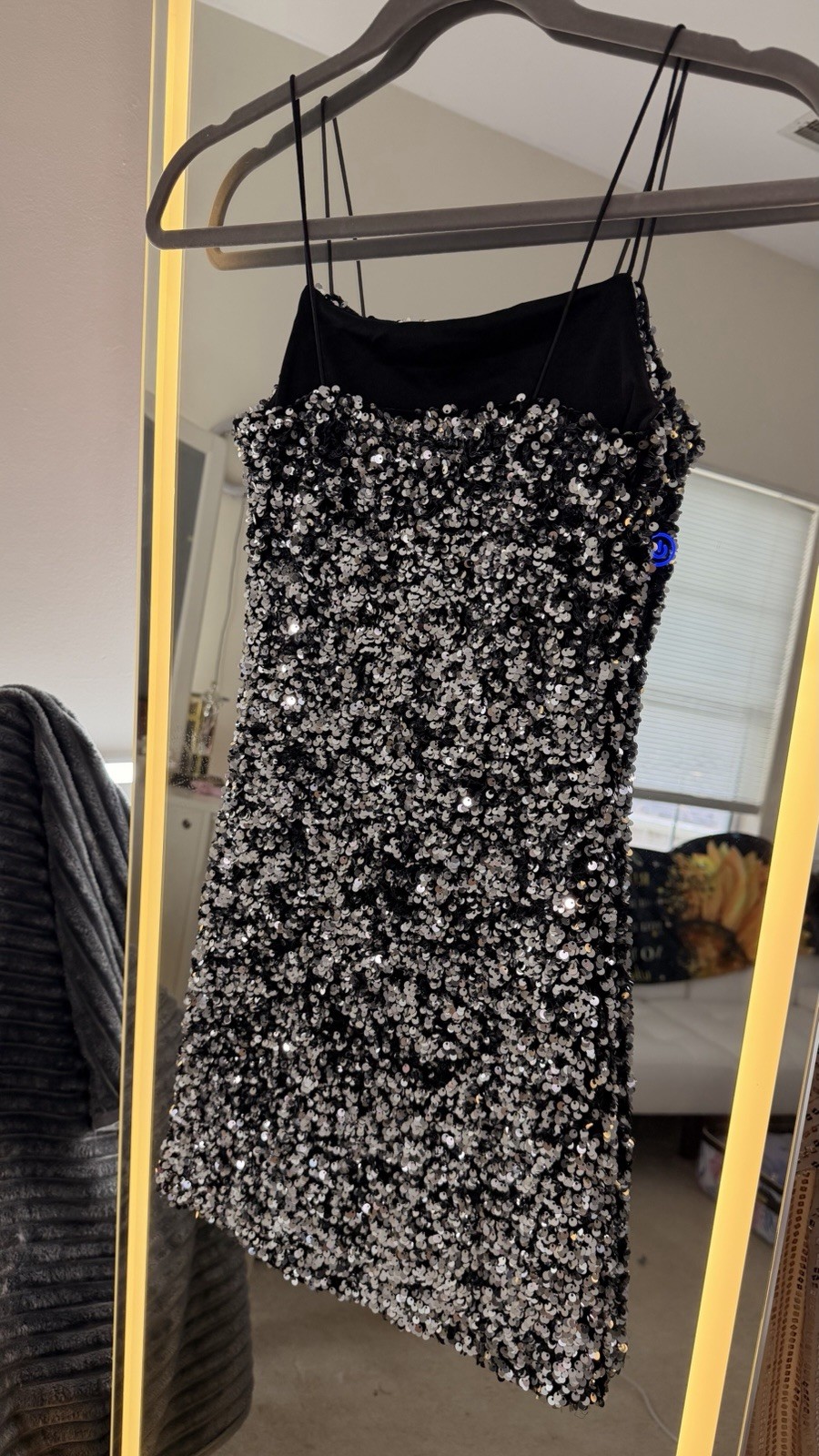 THIRTY/THIRTY LA XS Black/Silver Sequin Straight Neck Bodycon Mini Zip Dress
