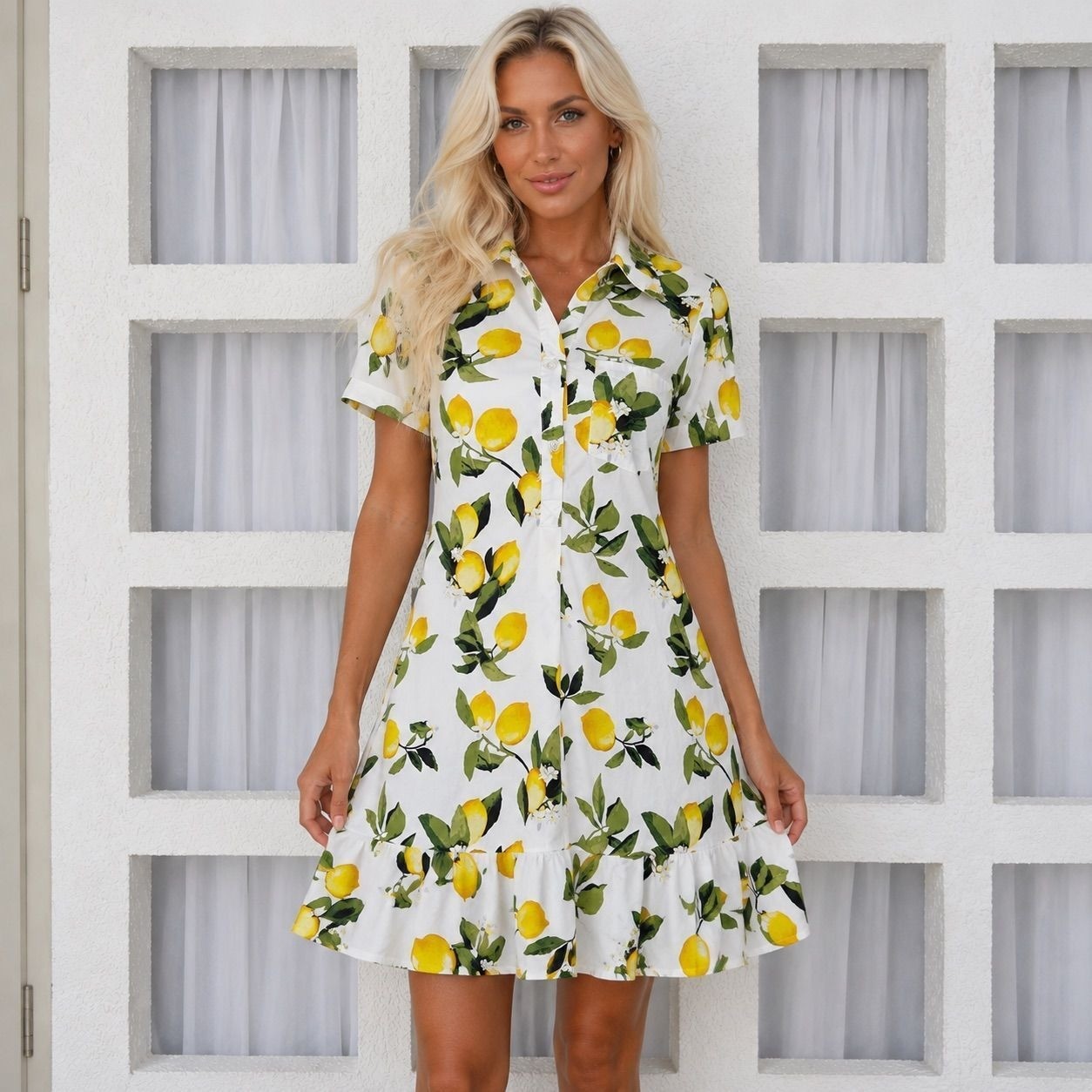 Cynthia Rowley Lemon Print Ruffle Hem Shirt Dress White Yellow Mini Small