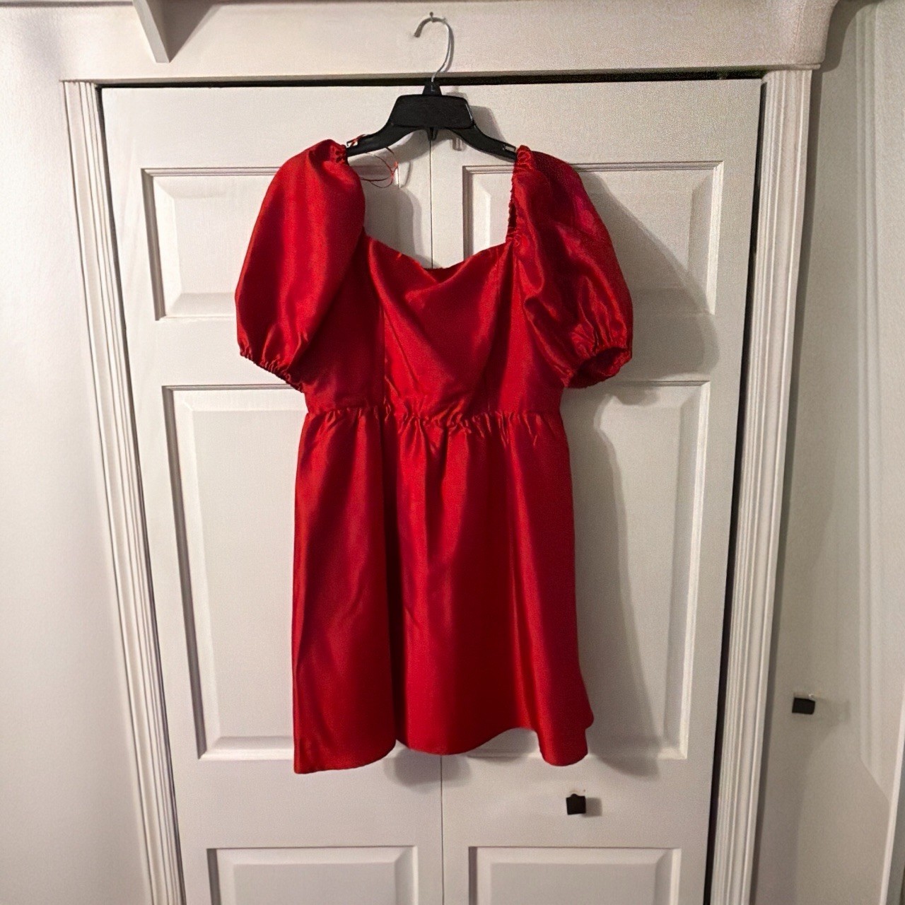 NWT Red Puff Sleeve Mini Dress Large Smocked Back Babydoll Party Night Dress