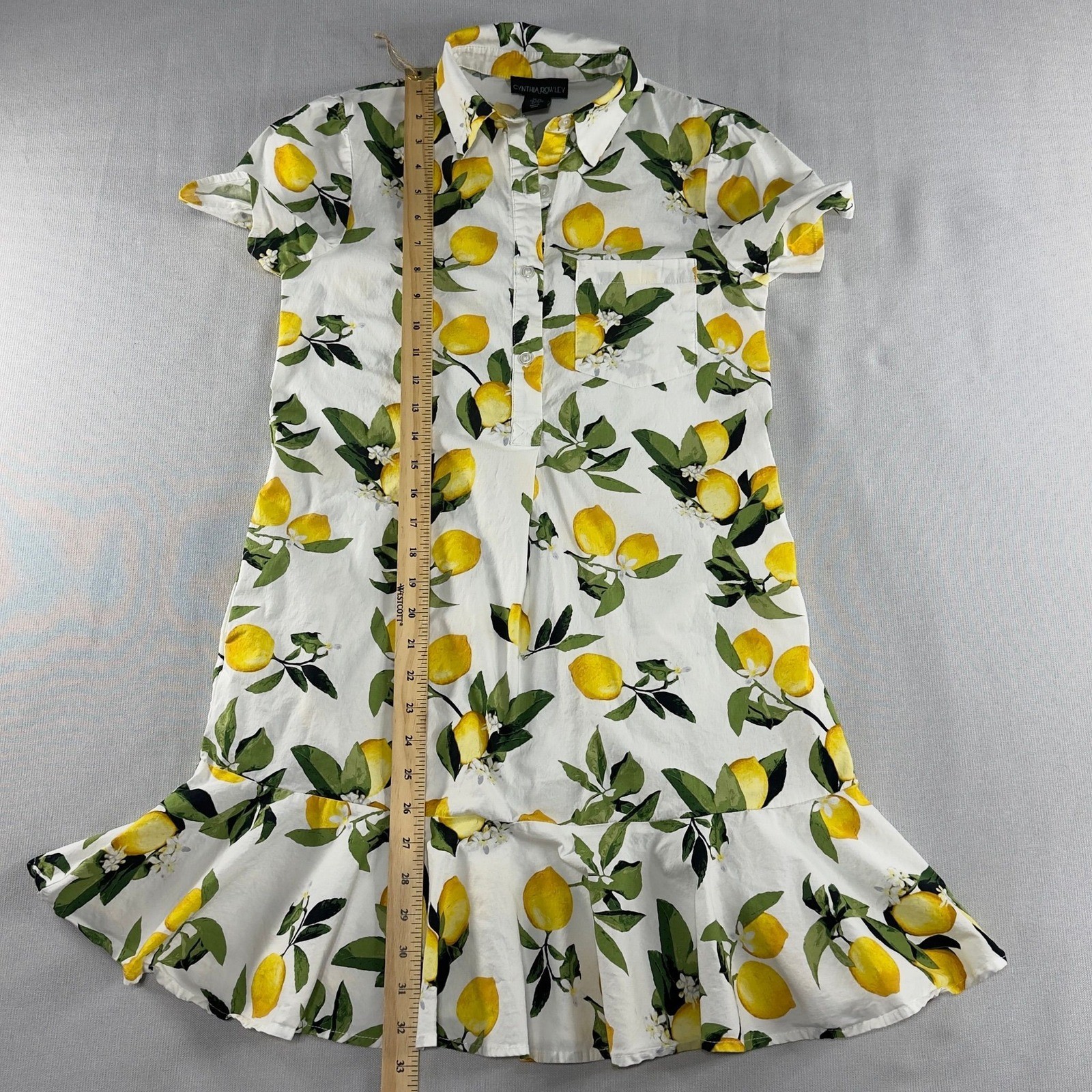 Cynthia Rowley Lemon Print Ruffle Hem Shirt Dress White Yellow Mini Small