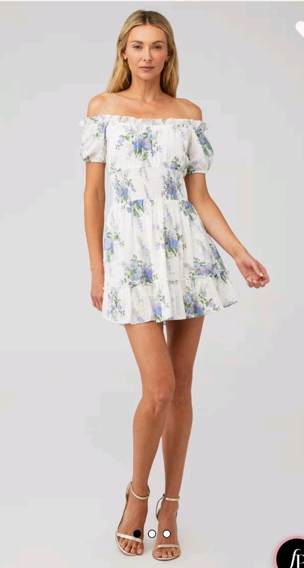 LoveShackFancy White Lai Off Shoulder Smocked Ruffle Mini Dress L