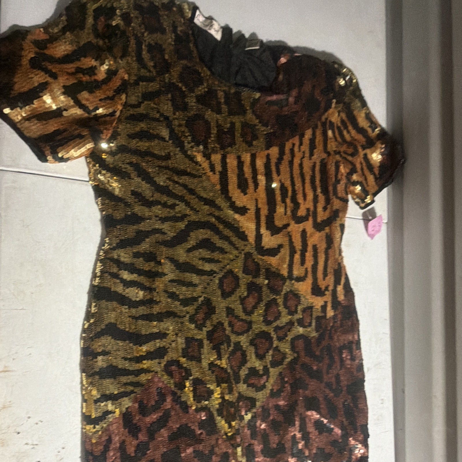 Lawrence Kazar Gold Brown Black Animal Print Sheath Knee Dress 8 Zip Beaded