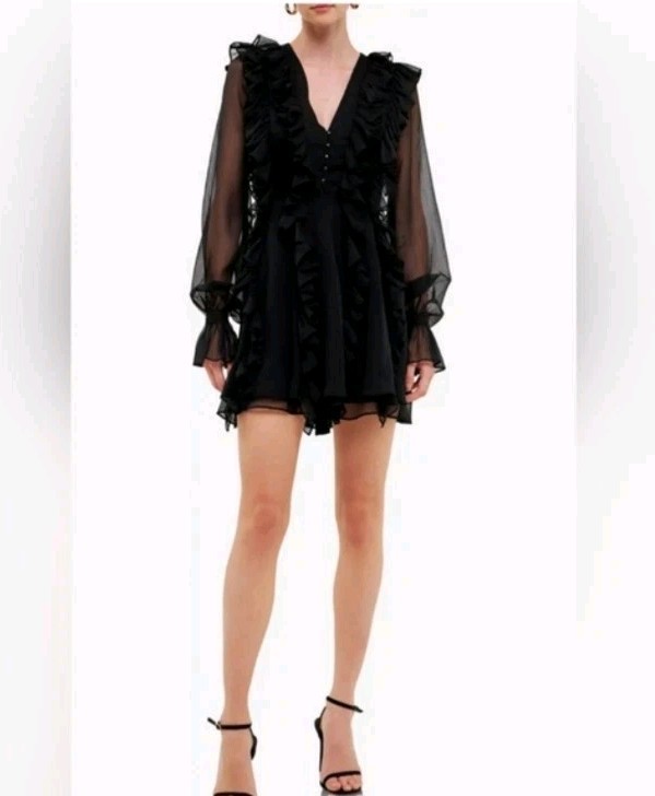 Endless Rose Chiffon Long-Sleeve Ruffle Mini Dress XS