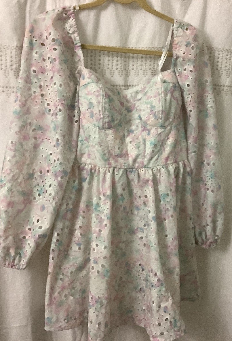 Floral Cotton Blend Puff Sleeve Mini Dress L