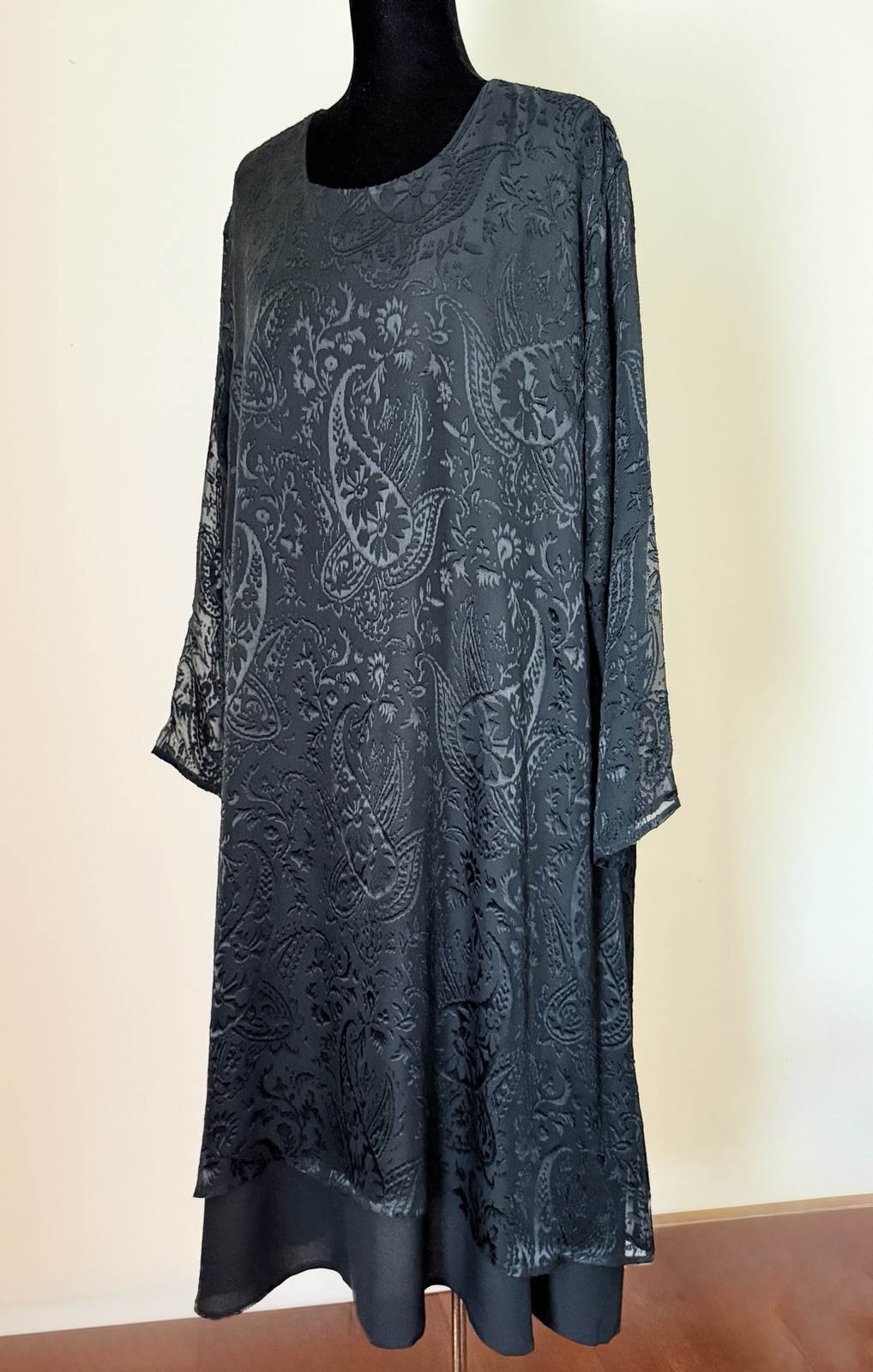 Eskandar Black Silk Blend Devore A-Line Dress Size 2 Layered