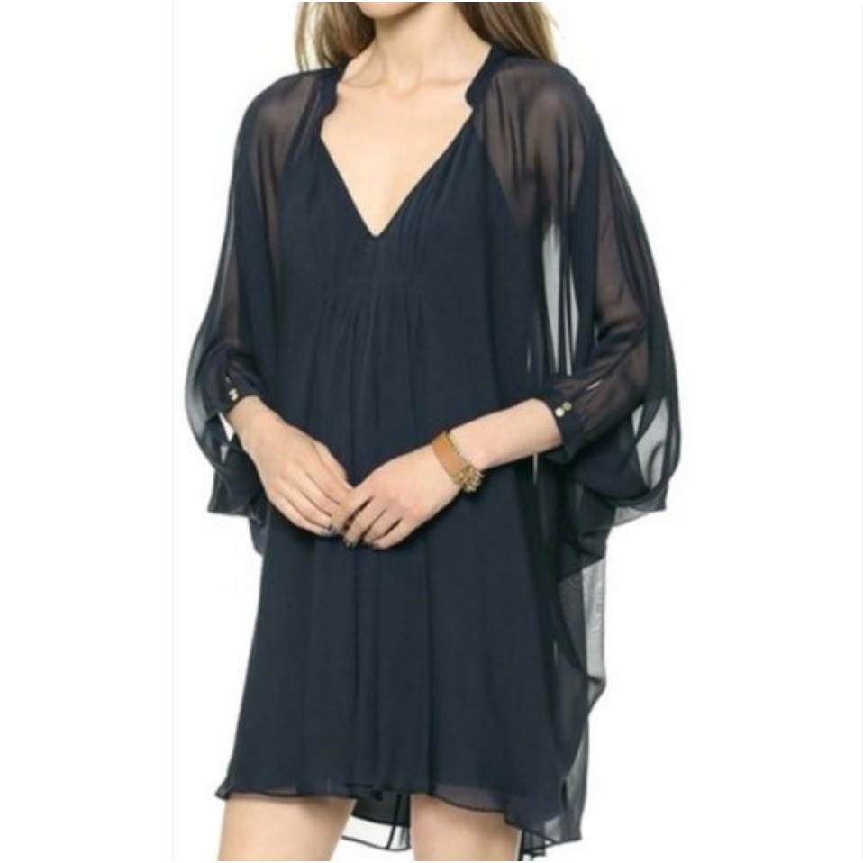 Diane von Furstenberg Fleurette Navy Blue Silk Chiffon V-Neck Dress Size 4