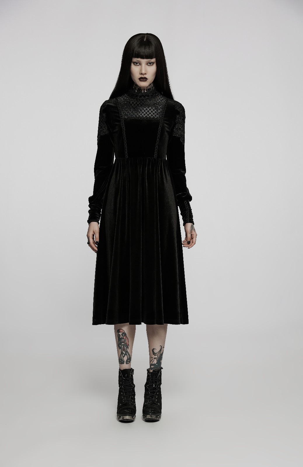Punk Rave Black Velvet High Neck Corporate Goth Sheath Pencil Midi Dress