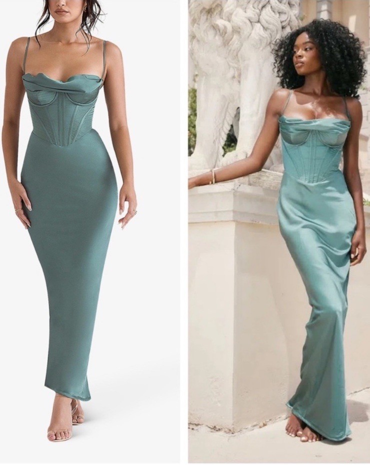 NEW! House of CB- Green Forest Charmaine Corset Maxi Dress Silk Satin Size XS