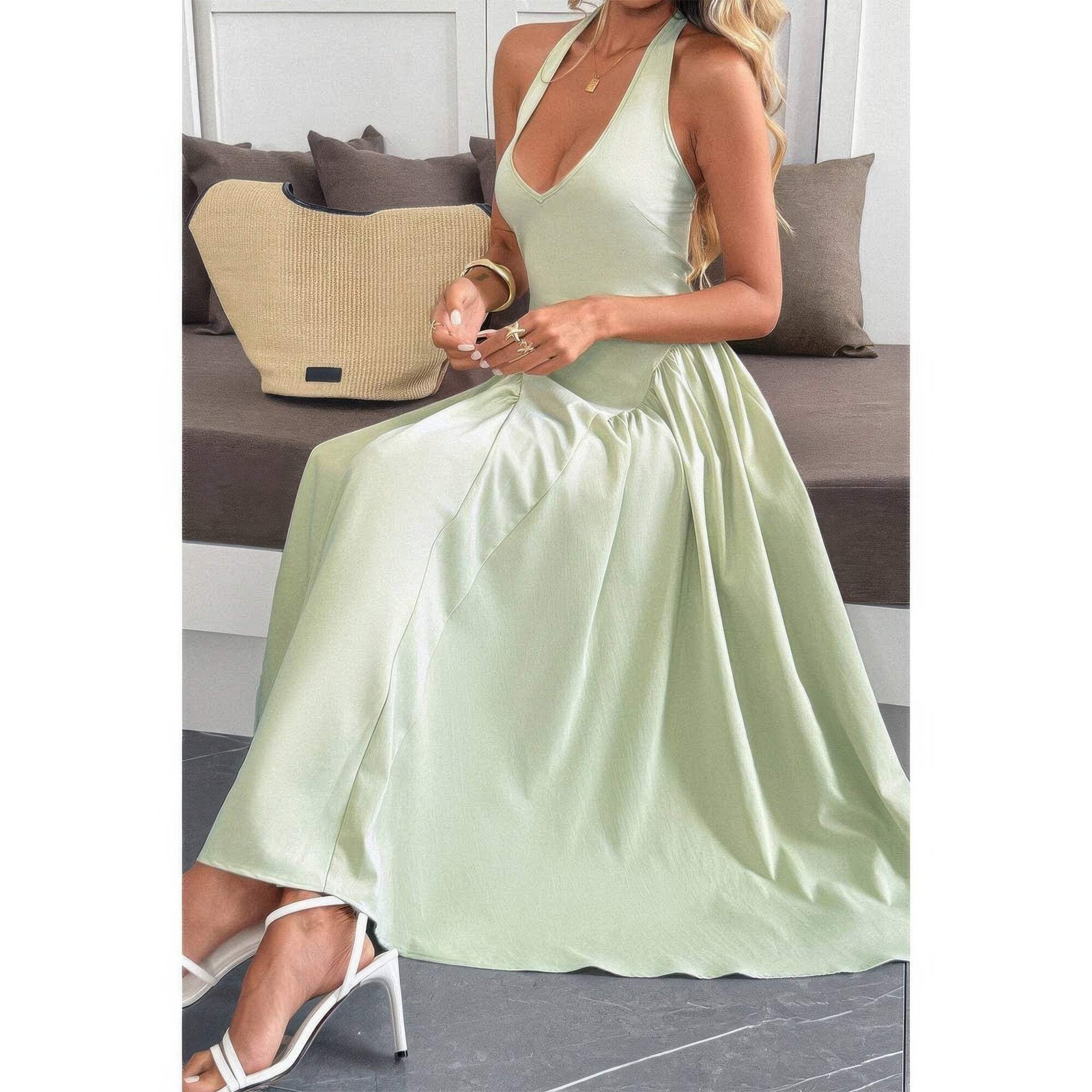 Women’s Solid Halter Midi Sundress Hidden Back Zipper Sleeveless Fit & Flare Dre