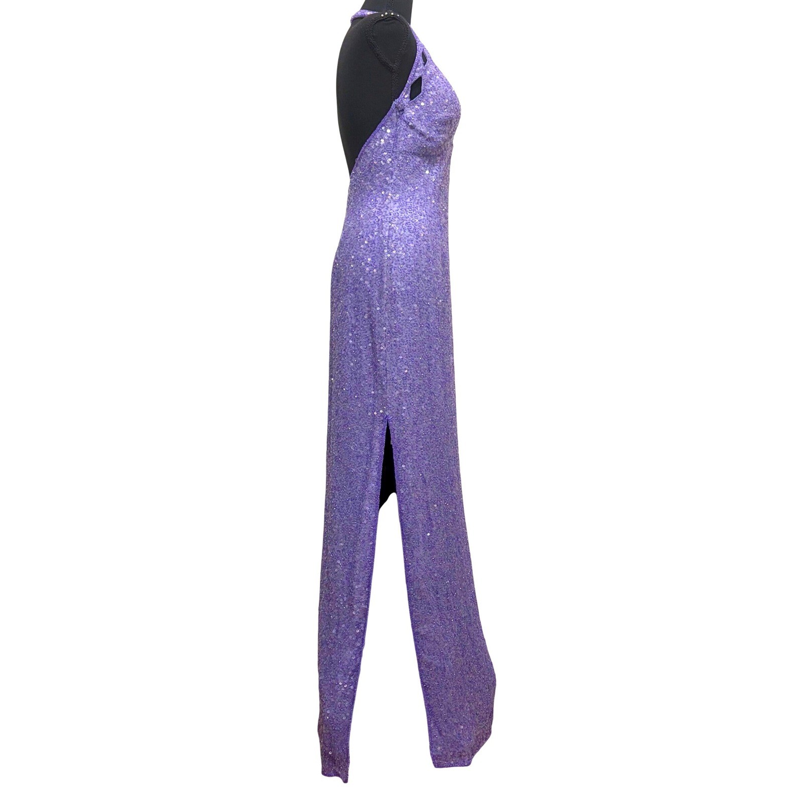 Vintage Scala Silk Beaded Sequin Halter Gown Purple Formal Evening Prom Dress