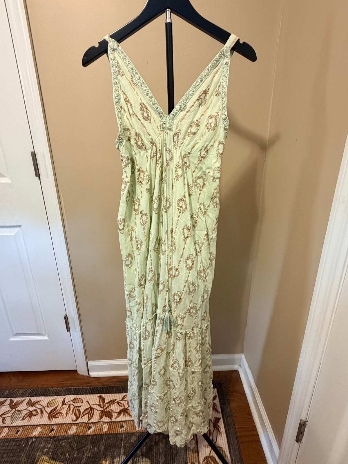 Ananta One Size Mint Boho Maxi Dress Sequin Trim Paisley Tassel Resort Beach