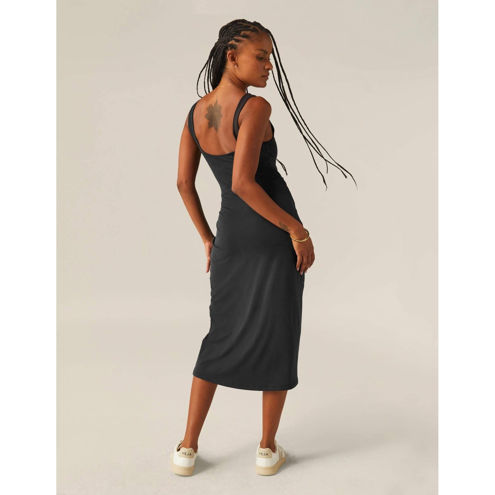 Beyond Yoga Black Scoop Neck Wrap Midi Dress NWT Sz Med Minimalist Travel Boho
