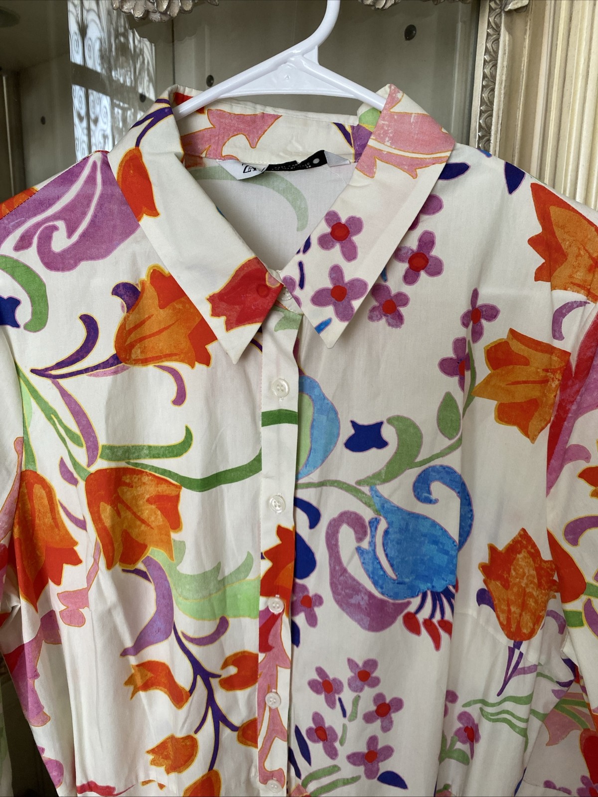 ZARA OFF WHITE MULTI Colored FLORAL PRINT Long Cotton SHIRT DRESS SZ XL Belted