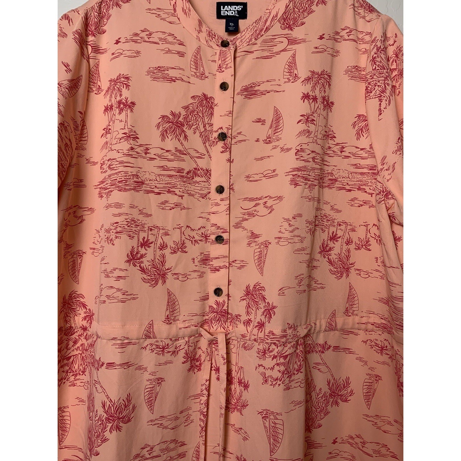 Lands End Tropical Button Drawstring Waist Womens Dress Sz XL Peach 0101