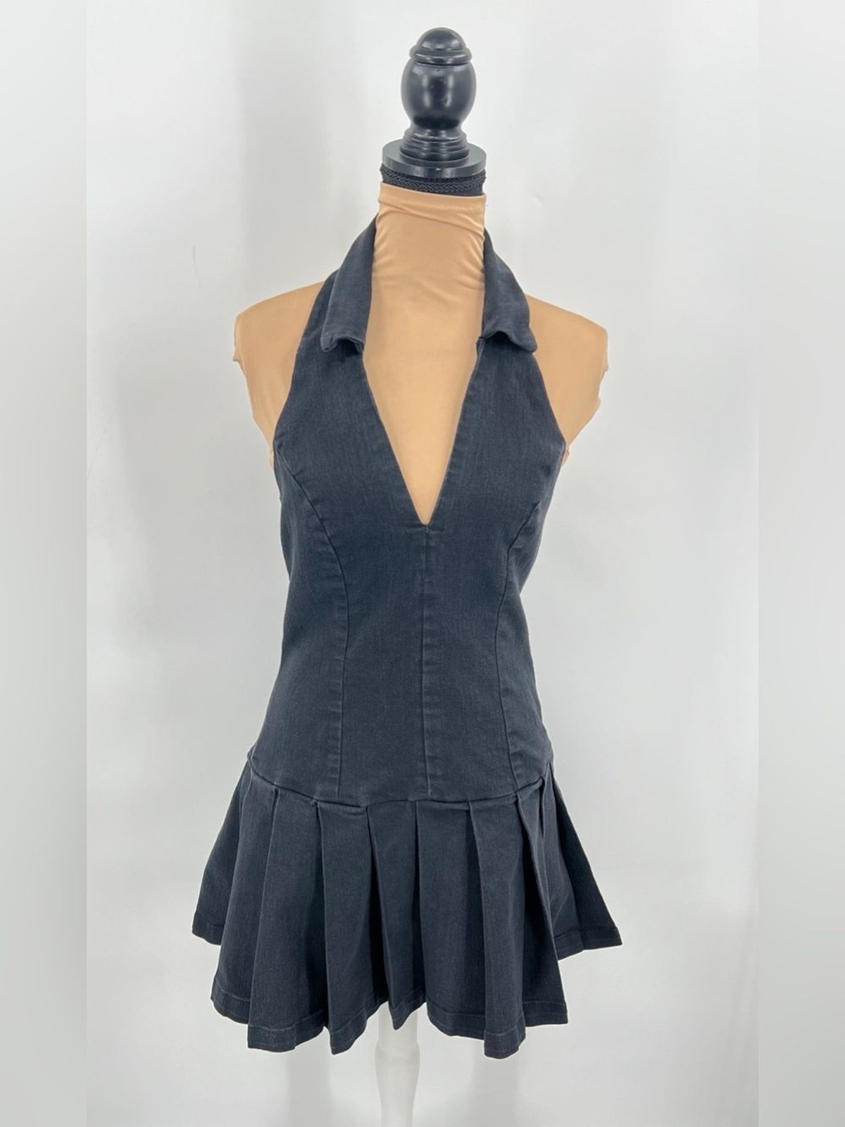 Dark wash Denim Halter drop waist pleated Mini Dress Large Y2K Coquette plunge