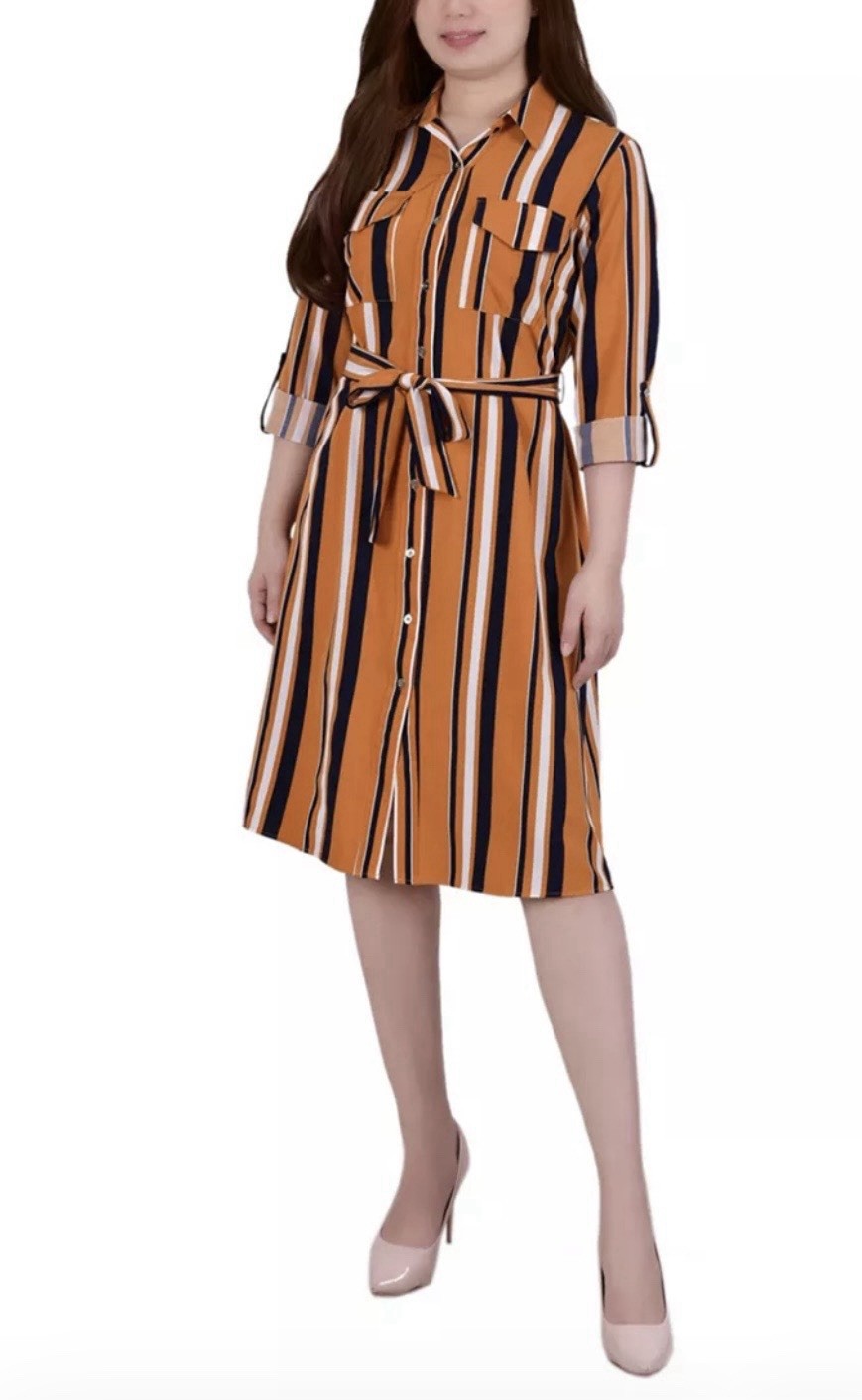 NY Collection Striped Shirt Dress Belted Button Long Sleeve Brown L NWT