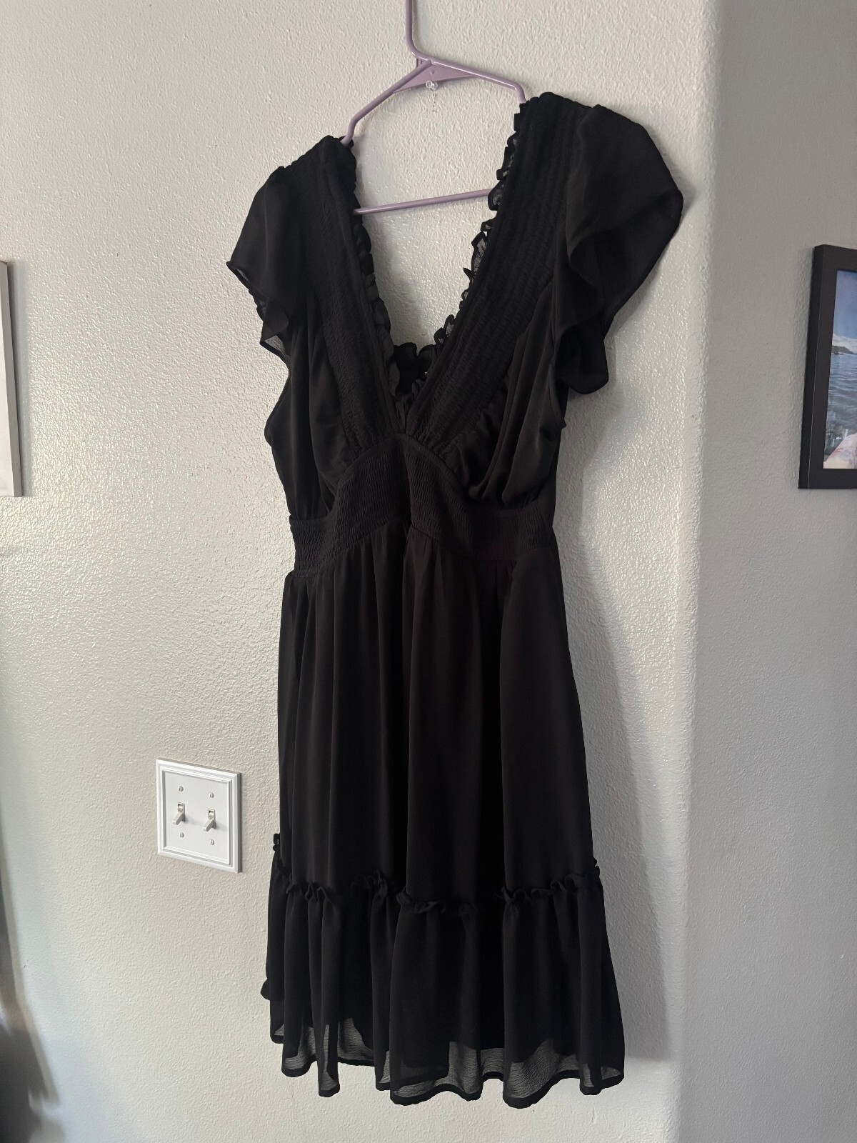 Torrid Size 0 Black Smocked Mini Dress Ruffle Shoulder Chiffon Flared L 12