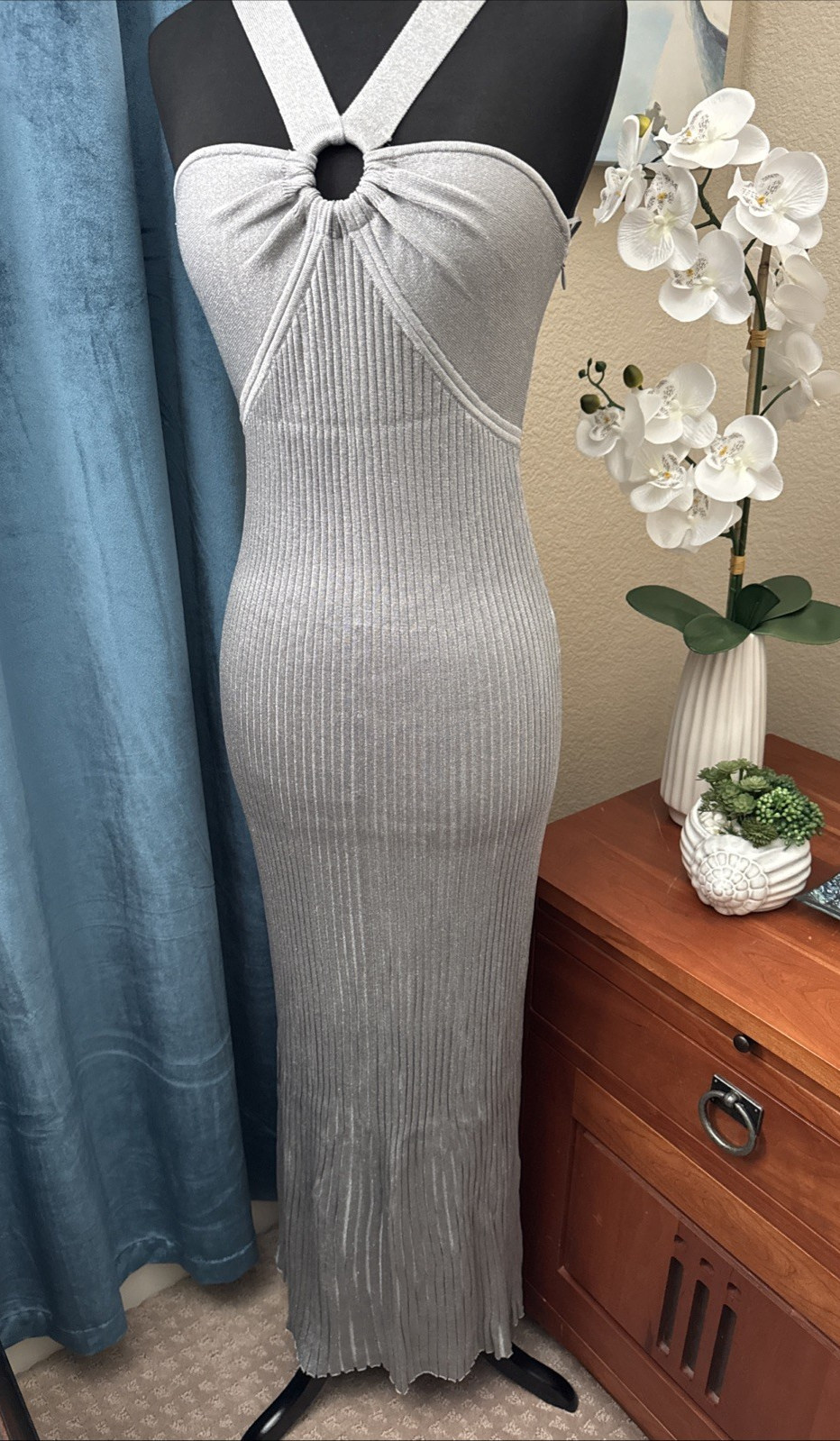 Michael Kors Metallic Snit Silver Bodycon Sheath Maxi Long Dress Size S